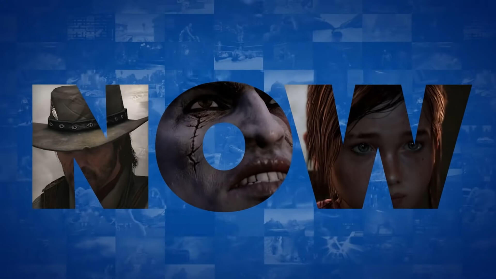The word "NOW" with several PlayStation Now games interspersed throughout the letters and visible as a tiled background