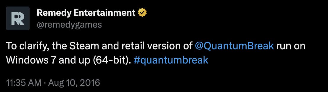 image of a tweet from remedy explaining what pc platforms quantum break will work on