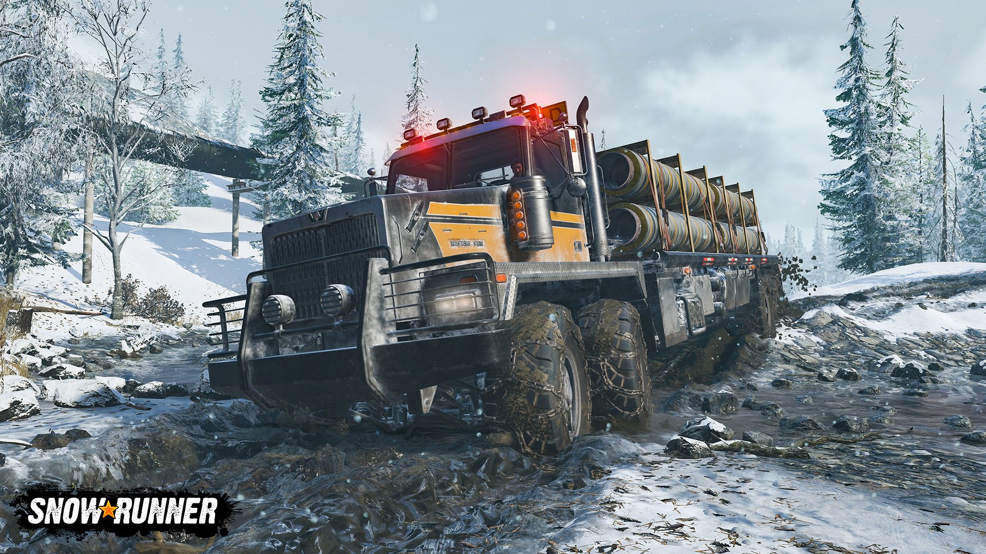 Photo of a truck carrying a load through the snow in the Snow Runner Video game. 