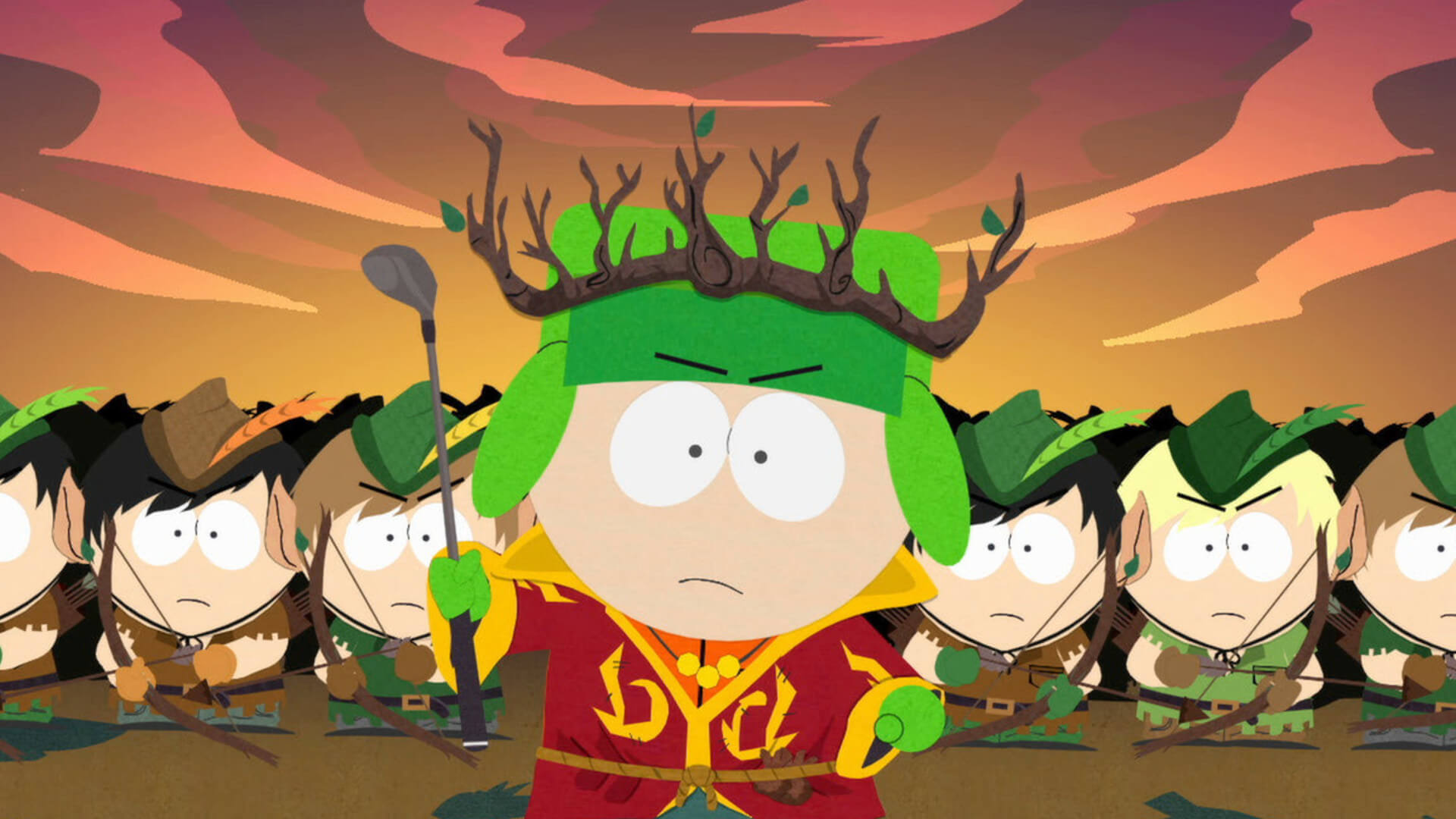 Kyle and several other South Park characters dressed in fantasy outfits in South Park: The Stick of Truth by Ubisoft