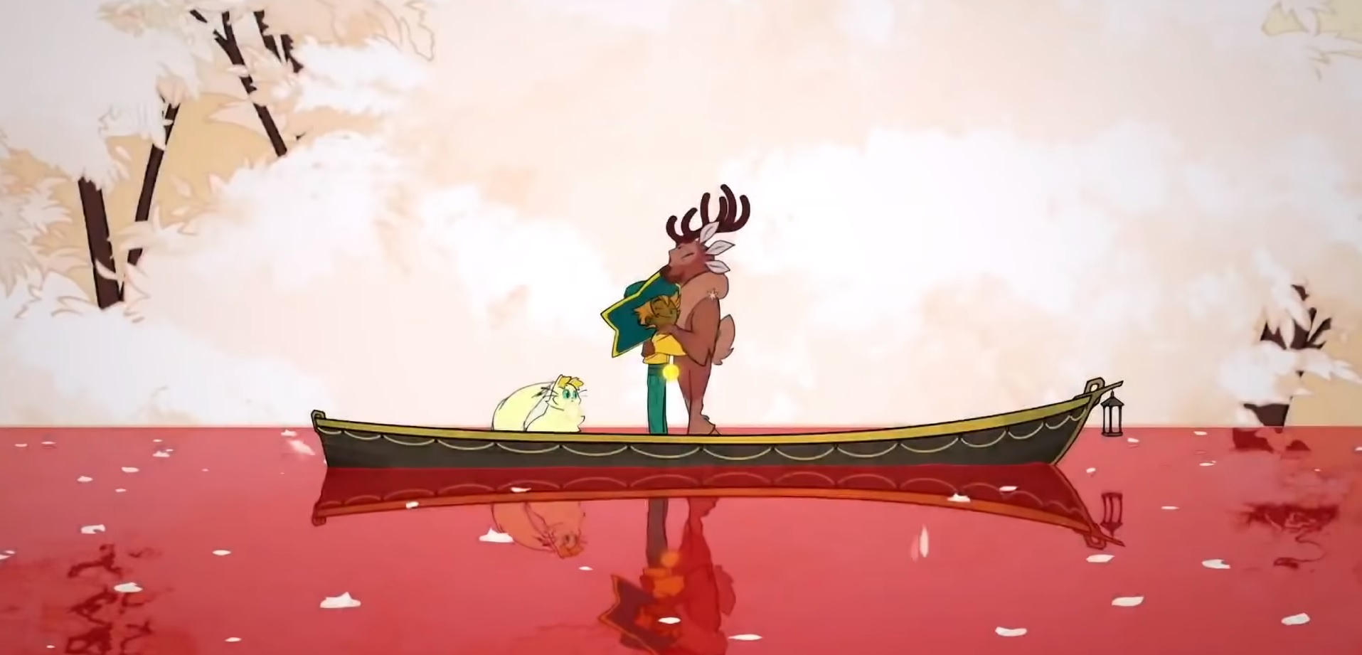 Spiritfarer loading screen with animals on a canoe in red water