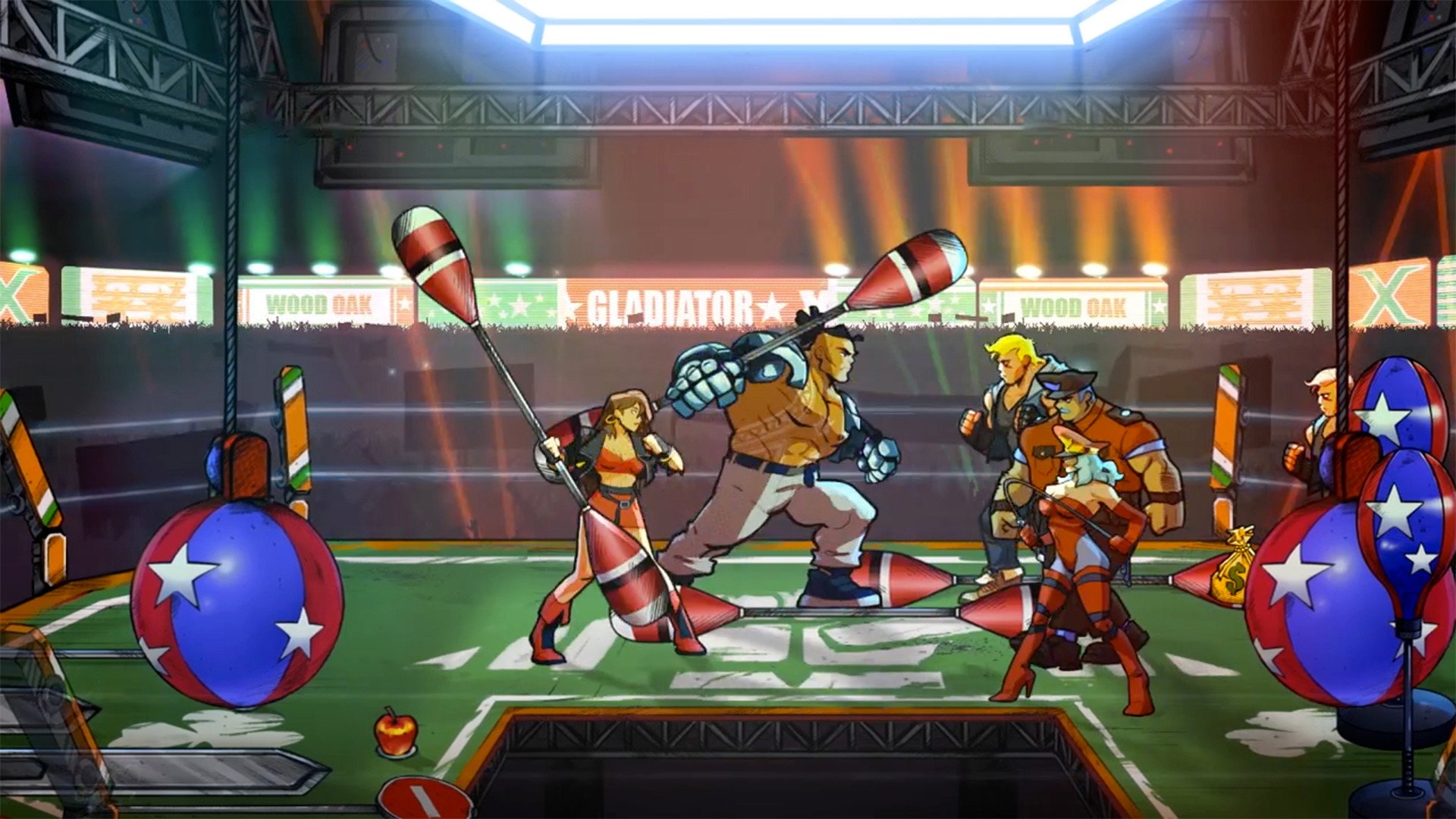 Various characters fighting in a boxing ring with punch bags around them