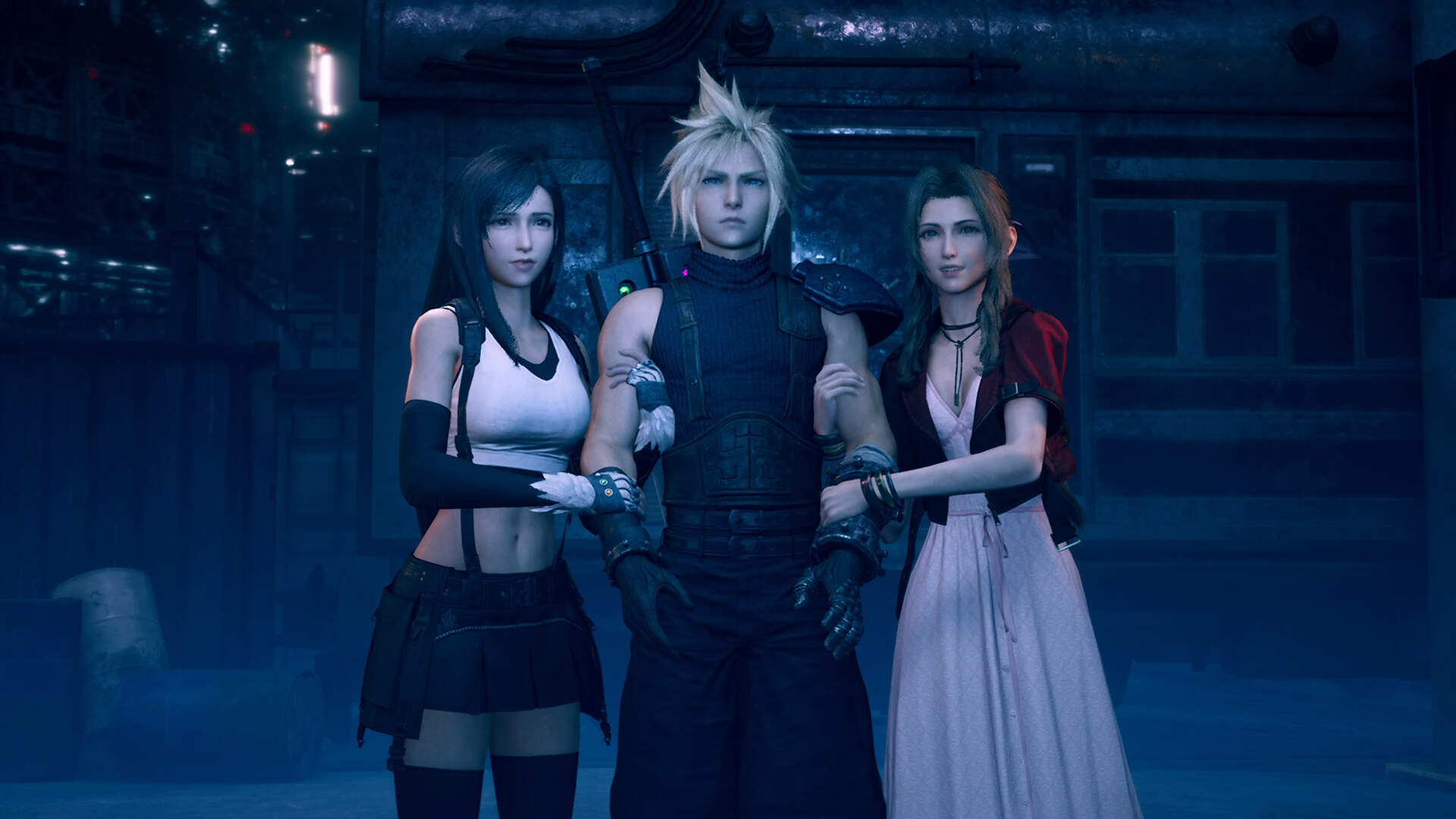 Starting screen for Final Fantasy VII with Cloud Aerith and Tifa