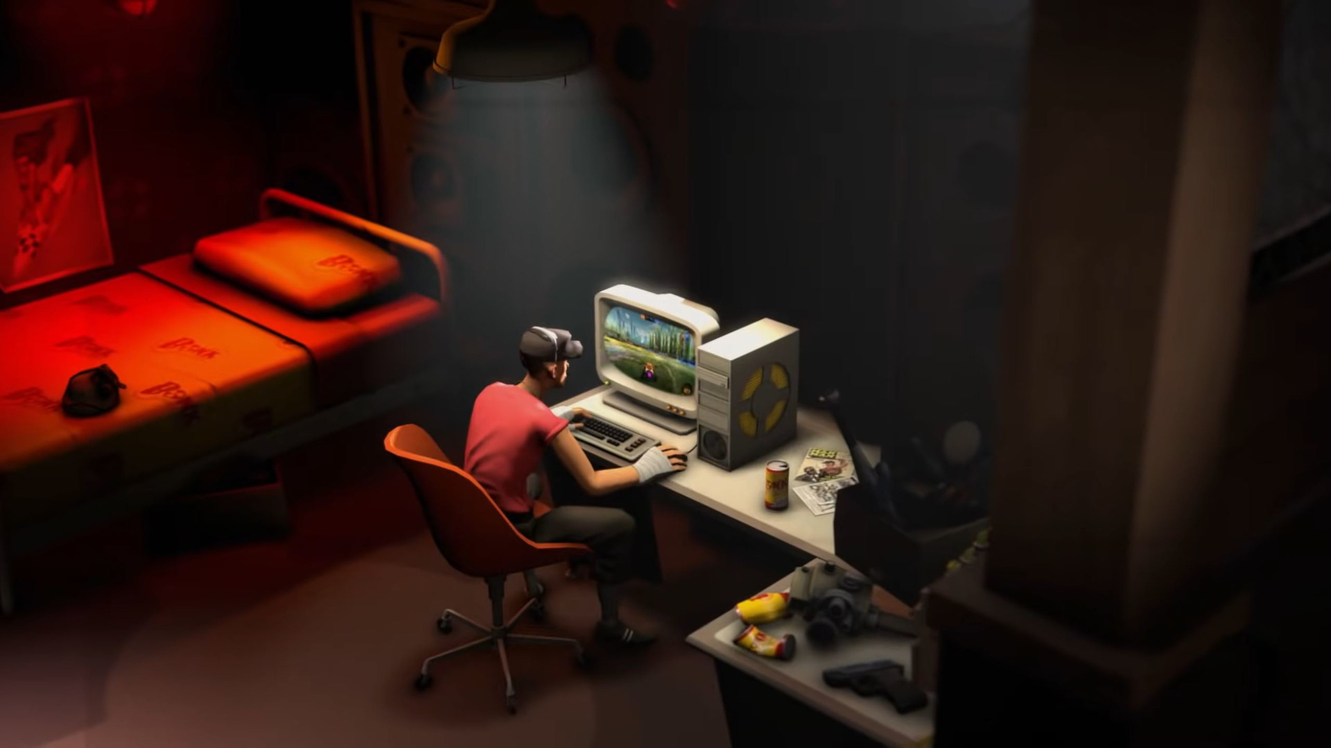 Team Fortress 2's Scout playing a game on an old-school PC to illustrate Steam Family Sharing