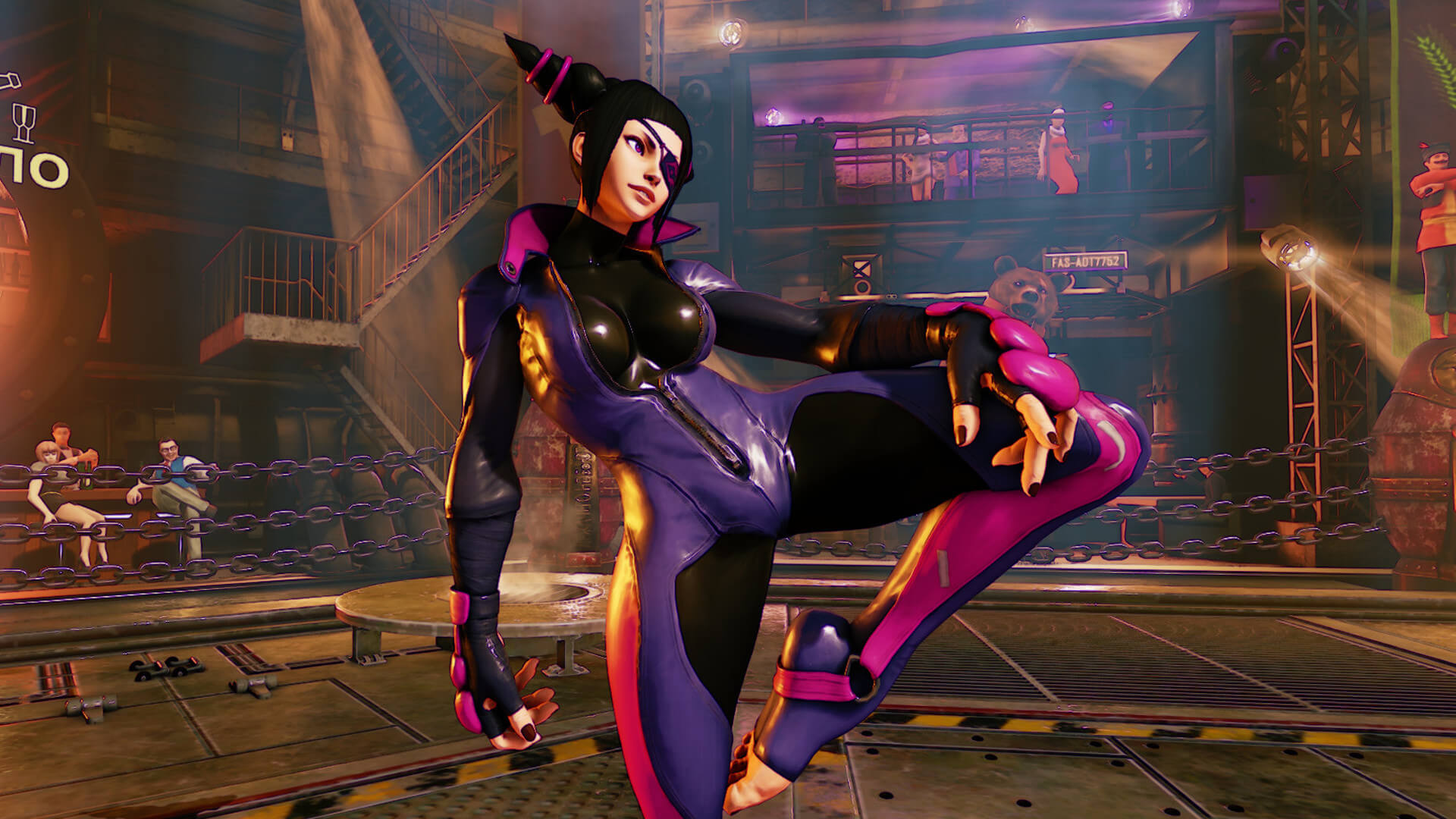 Juri posing with her leg up in Street Fighter V