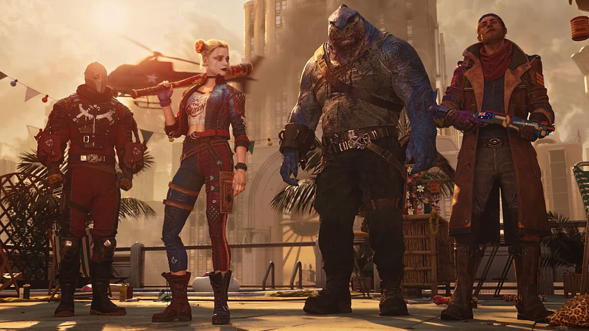 Screenshot from the Suicide Squad: Kill the Justice League game, where we see harley quinn and others standing atop what looks to be a tall building 