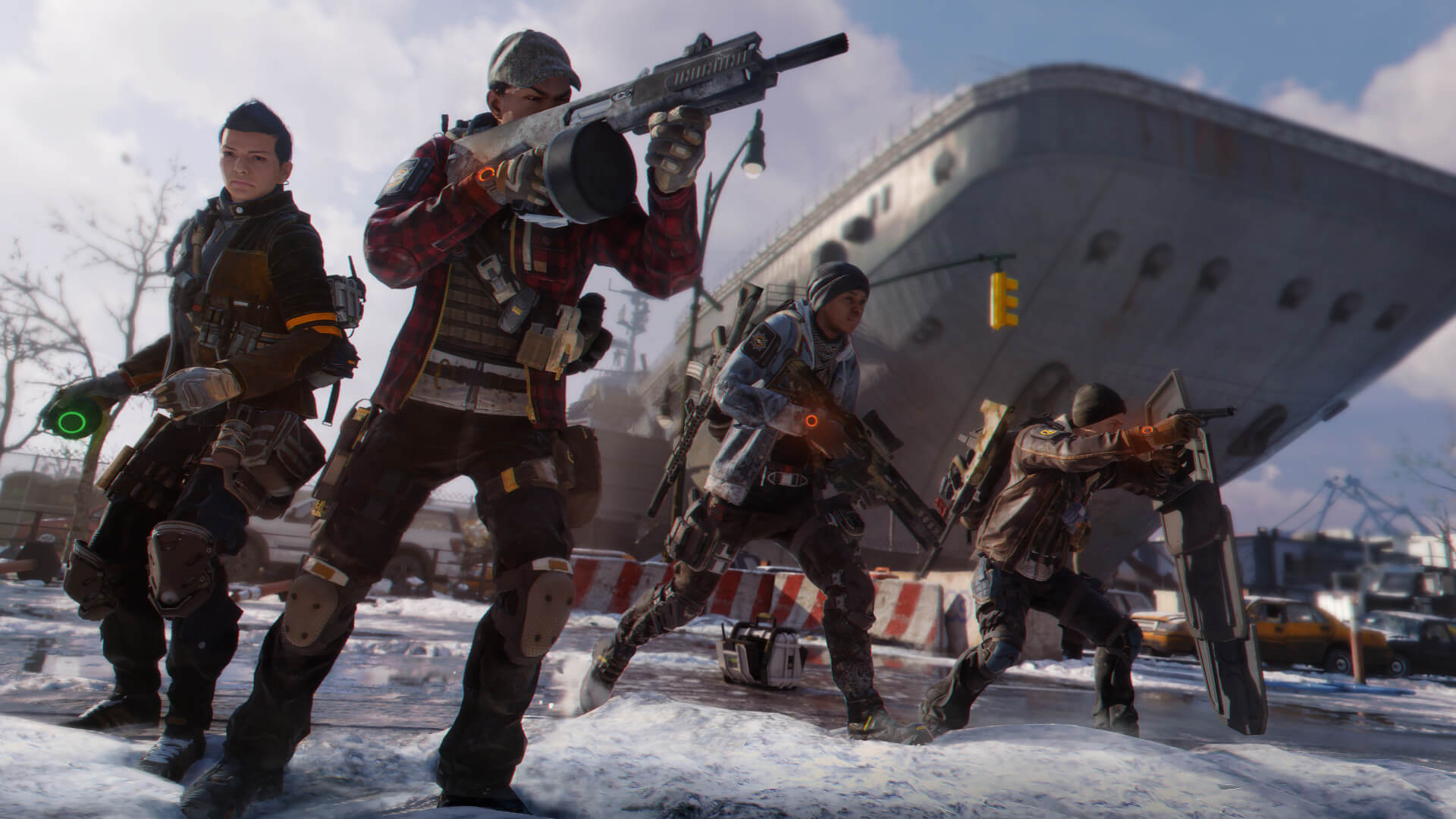 Four characters standing in a snowy area with a massive ship behind them in Tom Clancy's The Division, a Ubisoft game