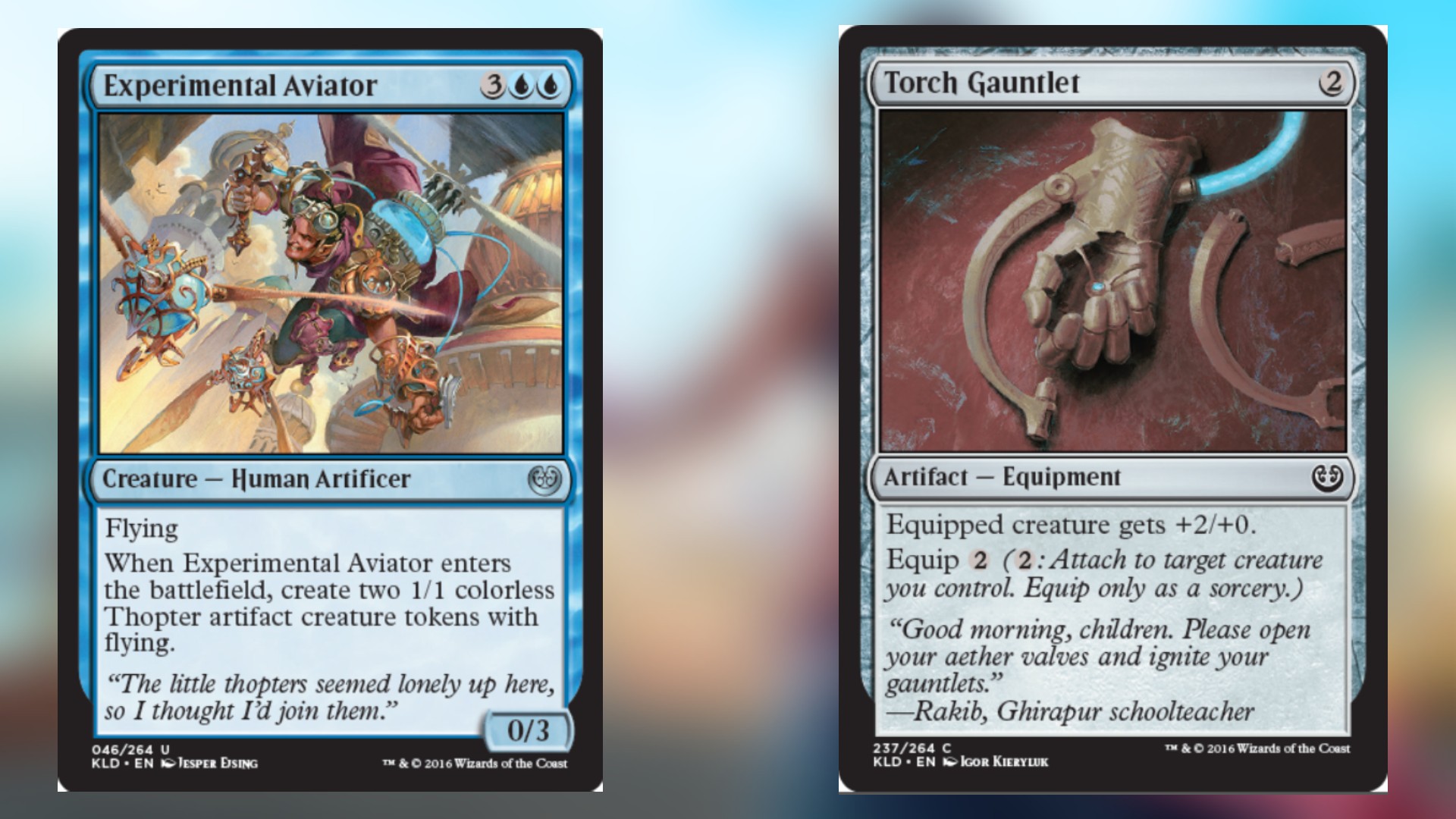 two magic cards in blue and with no color with one featuring a man flying with a machine and the other a strange glove contraption