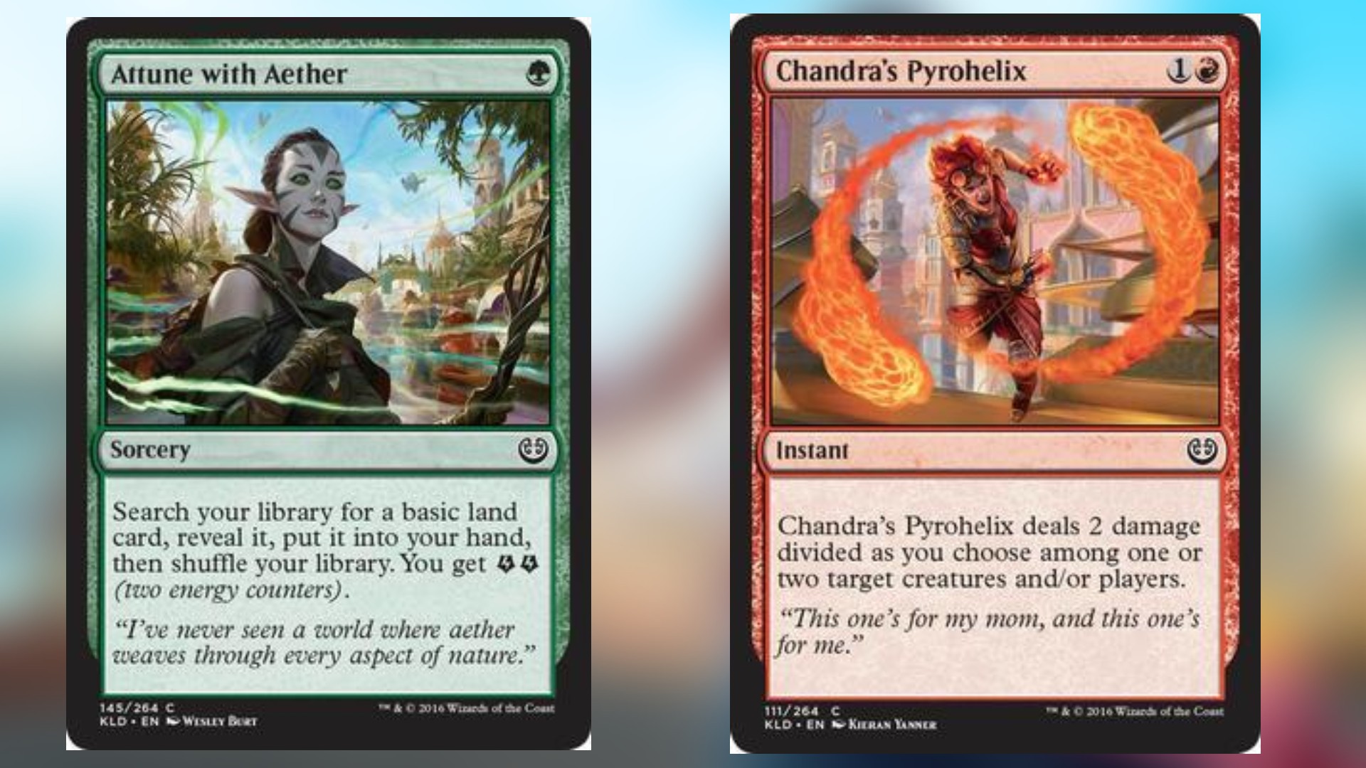 two magic cards in green and red both featuring different female mages dressed chiefly in green and red respectively