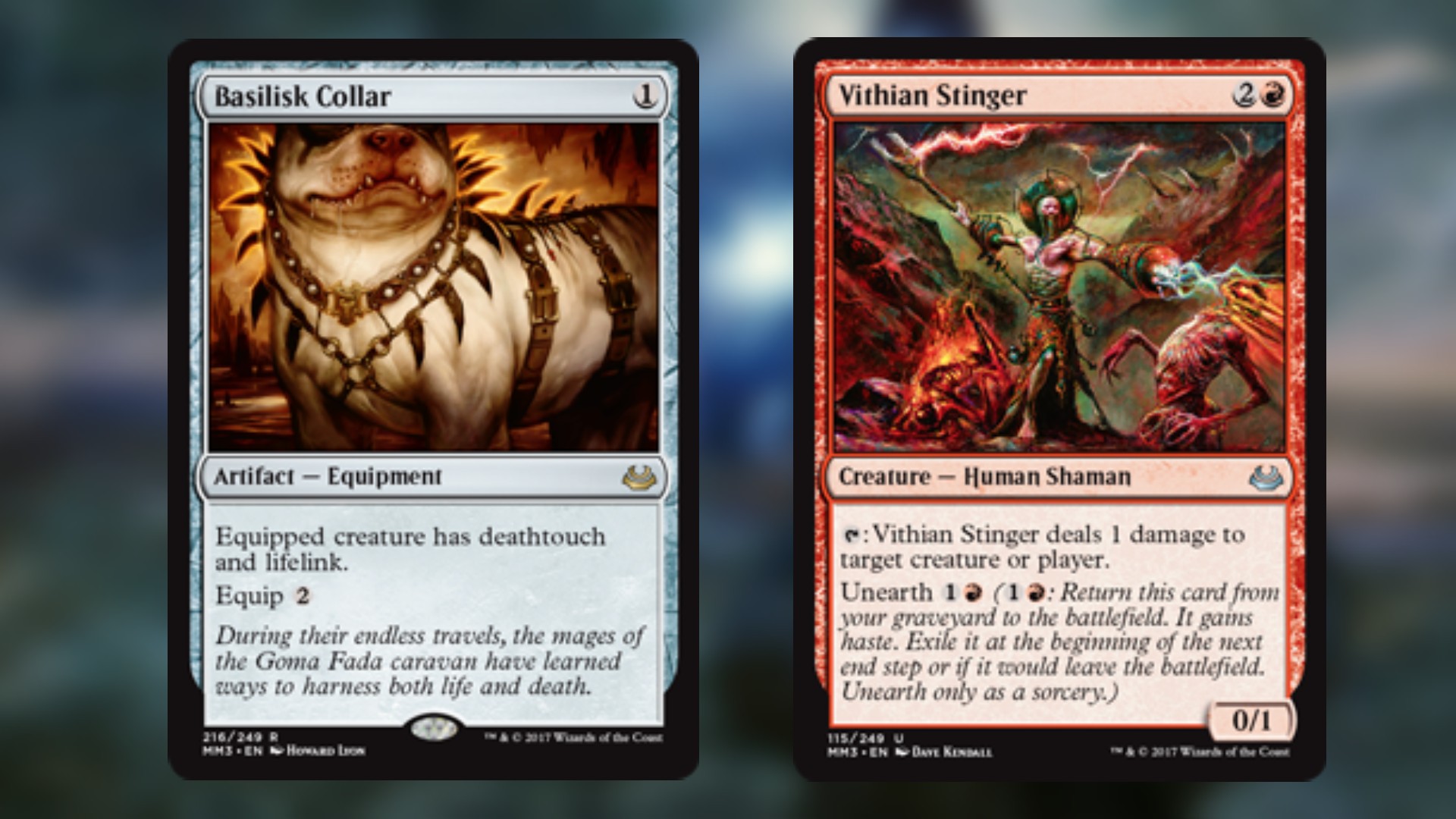 two magic cards one with no color and another in red with the firsts art featuring a dog and the other a humanoid figure covered in spikes and lightning