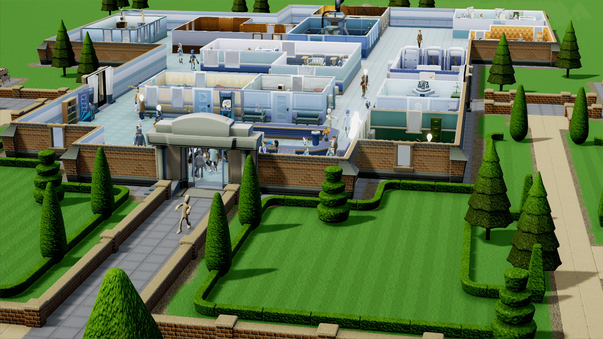 A quaint looking hospital in the game Two Point Hospital