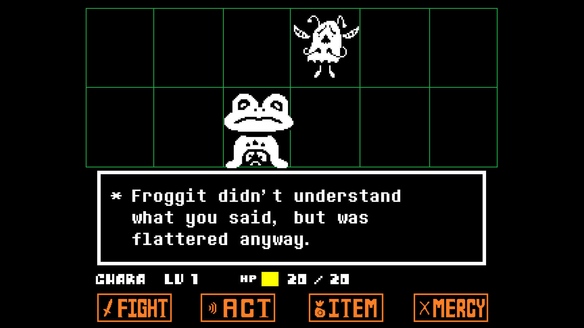 A battle with Froggit in Undertale