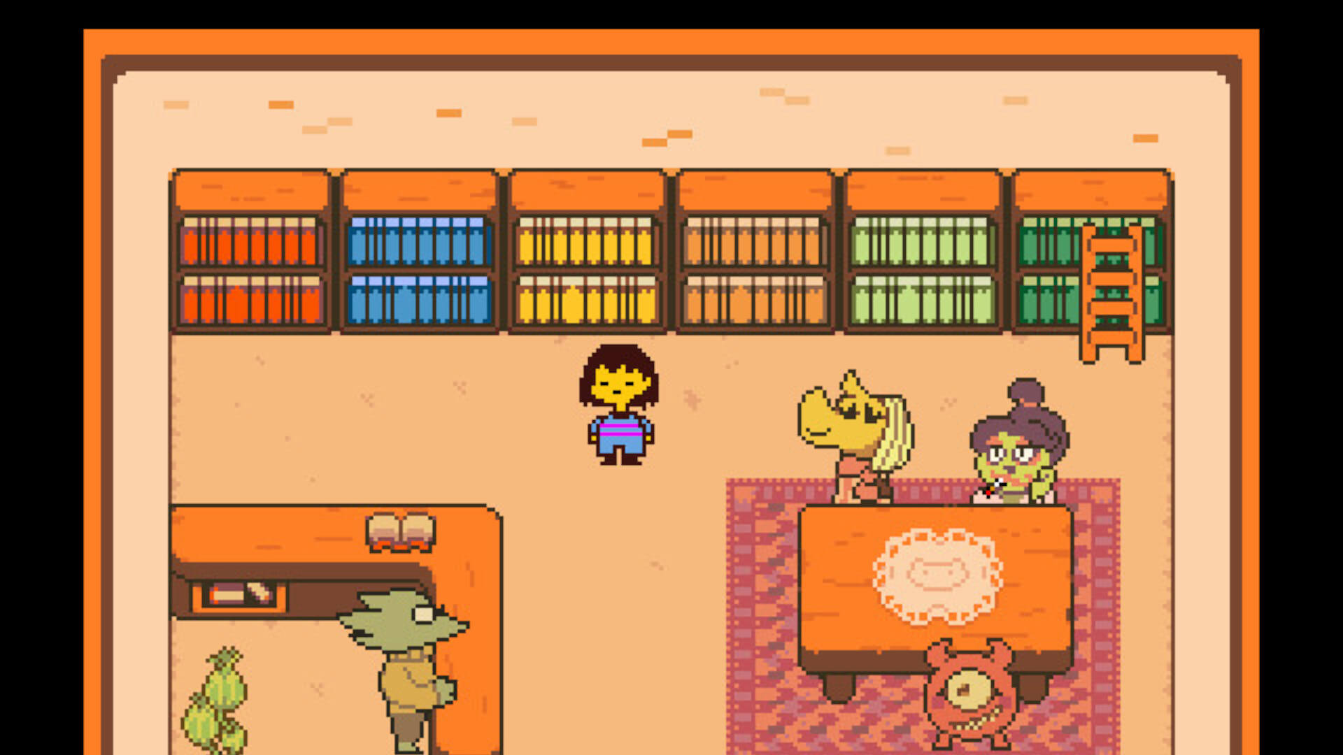 The player character standing in a library in Undertale