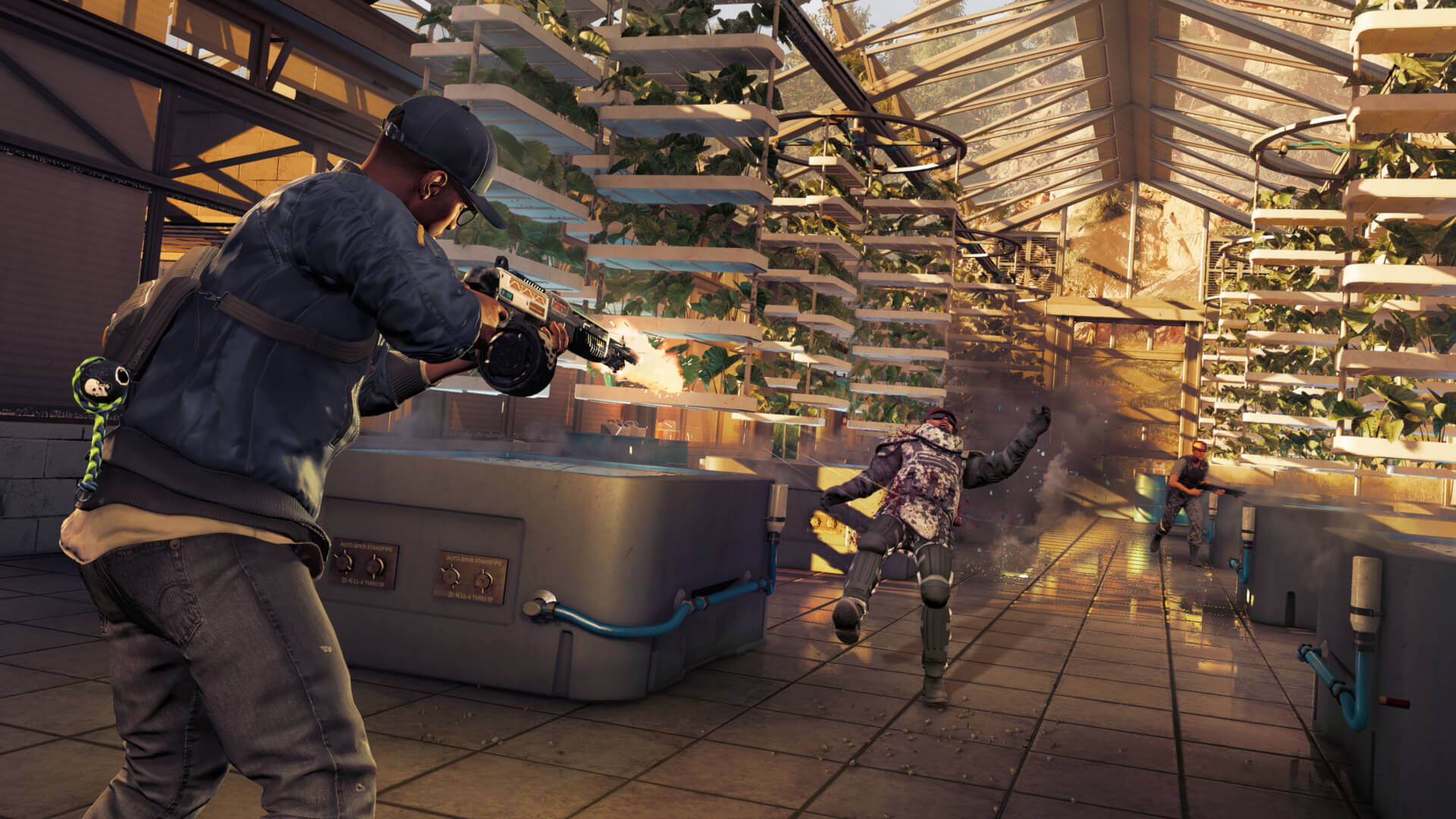 Marcus shooting at enemies in a greenhouse in Watch Dogs 2