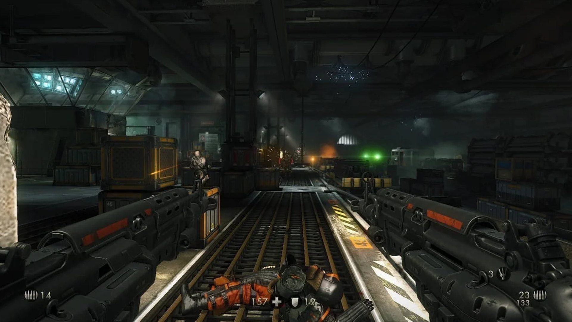 A player can be seen looking down a long corridor.