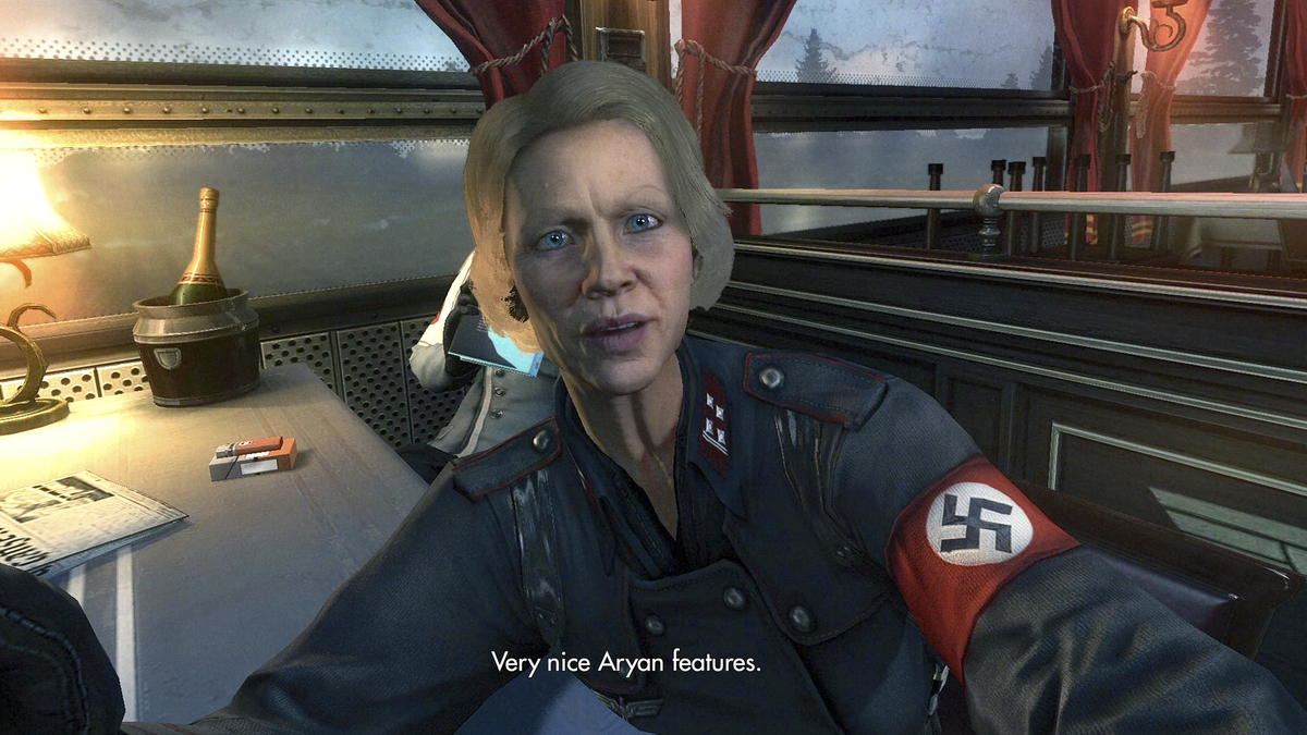 A cutscene of Wolfenstein: The New Order, showcasing a Nazi woman judging the players "Aryan features"