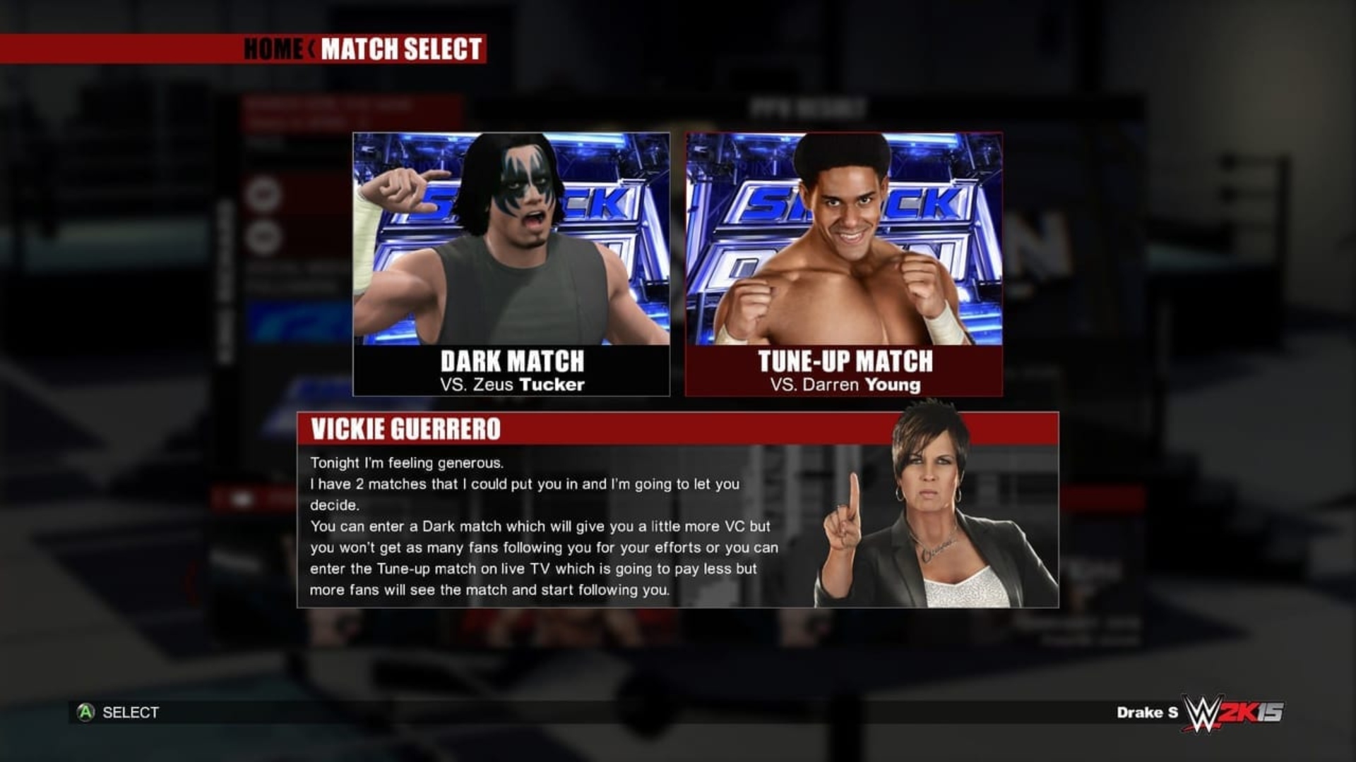 WWE 2K15 screenshot showing a pre match slanging match between two wrestlers with a dialogue box beneath a picture of the two different wrestlers