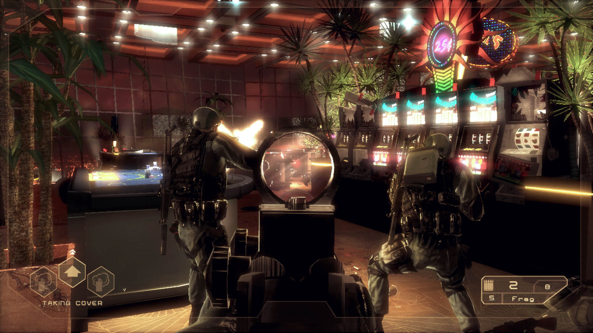 The player aiming down the sights of a rifle in a casino in the Xbox Games with Gold September 2013 game Tom Clancy's Rainbow Six Vegas