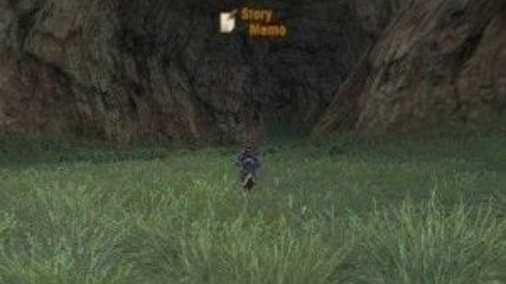 Xenoblade Chronicles 3D screenshot showing an open green meadow leading into a cave with a boy dressed in red running into it