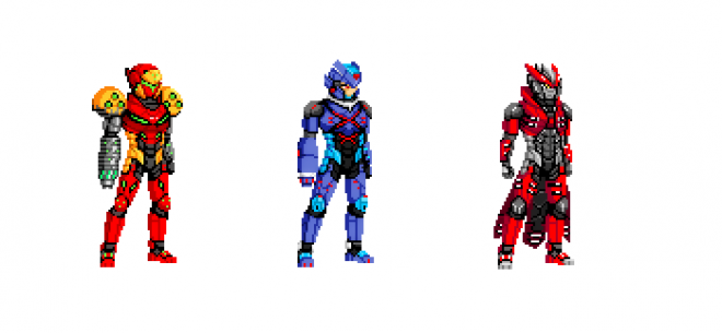 From left to right. Samus Aran, Megaman and Zero inspired skins for Adam.
