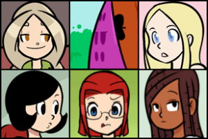 The main characters of Nerf NOW!! Clockwise from top left: Jane, Jo's In-Comic Avatar, Aleksandrina, Morgan, Angie, and Ann-Marie.