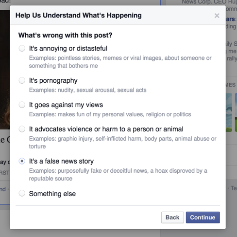 Menue for marking hoaxes in facebook