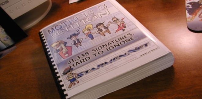 The physical copy of the petition sent to Nintendo, Hal laboratories and the Developer Shigesato Itoi  containing over 30,000 handwritten signatures.