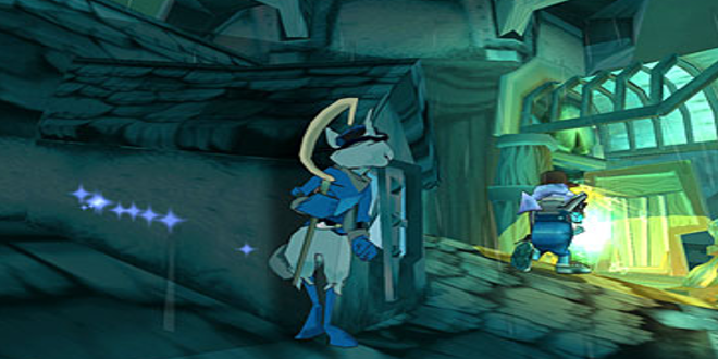 Stealth is done by clinging to walls marked with blue stars, allowing Sly to bypass obstacles silently.