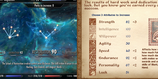 The design philosophies of the two games, as shown through level ups. Oblivion offers a more concrete system of statistics, while Skyrim is more abstract; note the lines of health, stamina and magicka being the only stats available. 