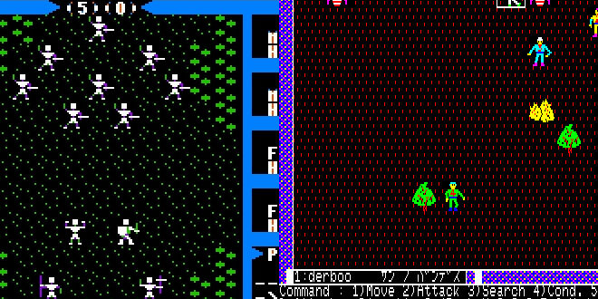 A comparison between Ultima III: Exodus (left) and The Dragon & Princess (right). Both have the tactical overhead view and non-linear combat as their primary gameplay mechanics for combat encounters.