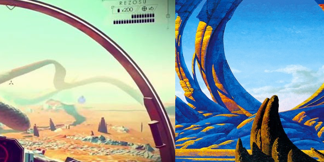 A quick comparison to the art of Roger Dean and No Mans Sky, notice the similar shapes and style of the backgrounds. Art such as Dean's is a major influence to the art direction of No Mans Sky