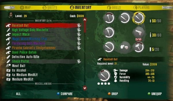 The weapon statistics and modifications found in Dead Island increase base statistics and DPS, but since enemies level up as well, the gain is non-existent. 