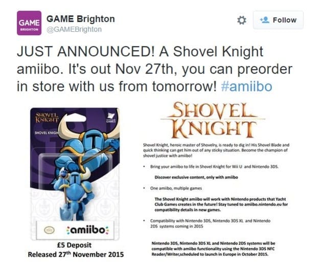 Shovel Knight Amiibo GAME Tweet