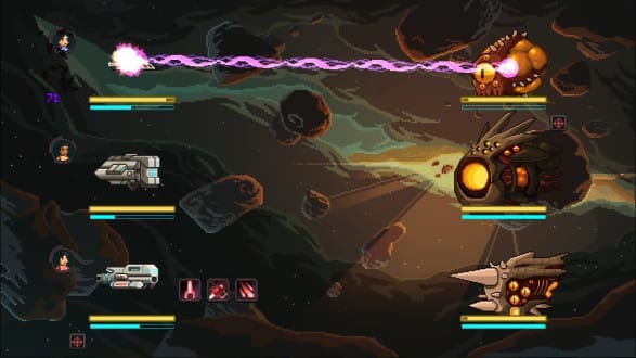 Some interesting pixel artwork highlights some sample combat from Halycon 6.