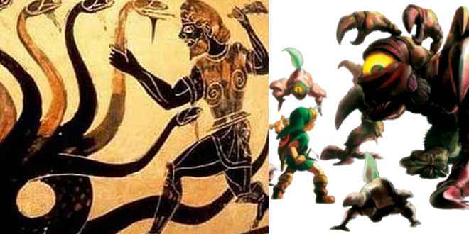 A comparison of Heracles and Link, the left shows the battle against the Hydra, the right, the battle against Ghoma.