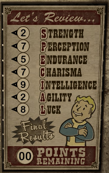 Here is Many A True Nerd's idea of what his character stats would be in the Fallout 3 & Fallout: New Vegas ruleset.