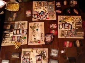 We were tight for space in a four player game on a 3 foot by 3 foot table (roughly one meter square). Most dining room tables can probably comfortable handle the size of the game, though.