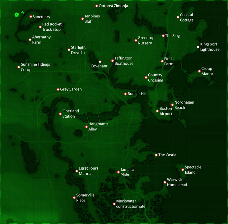 A full map of all the settlements you can build in Fallout 4, minus Home Plate and The Mechanist Lair.