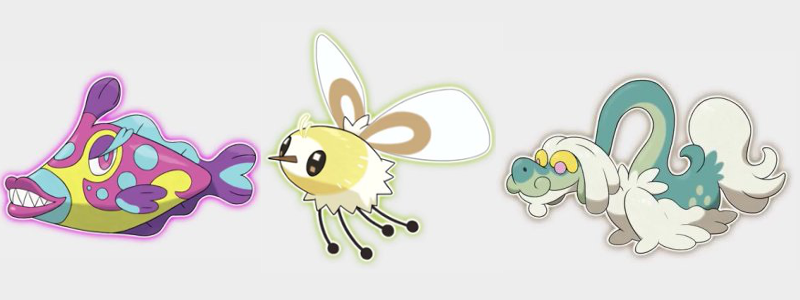 From left to right, Bruxish, Cutiefly and Drampa.