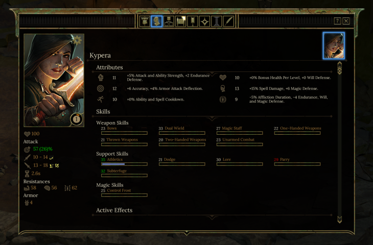 The character sheet of Tyranny is fully detailed, as you would expect it to be for an RPG. 