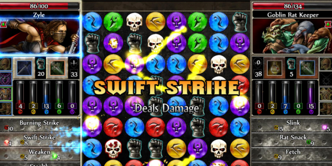 A screenshot of Puzzle Quest 2, showing how combat is morphed into using puzzle gameplay, creating unique conflict in the process. 