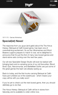 The announcement from the official Games Workshop mobile app regarding Specialist Games