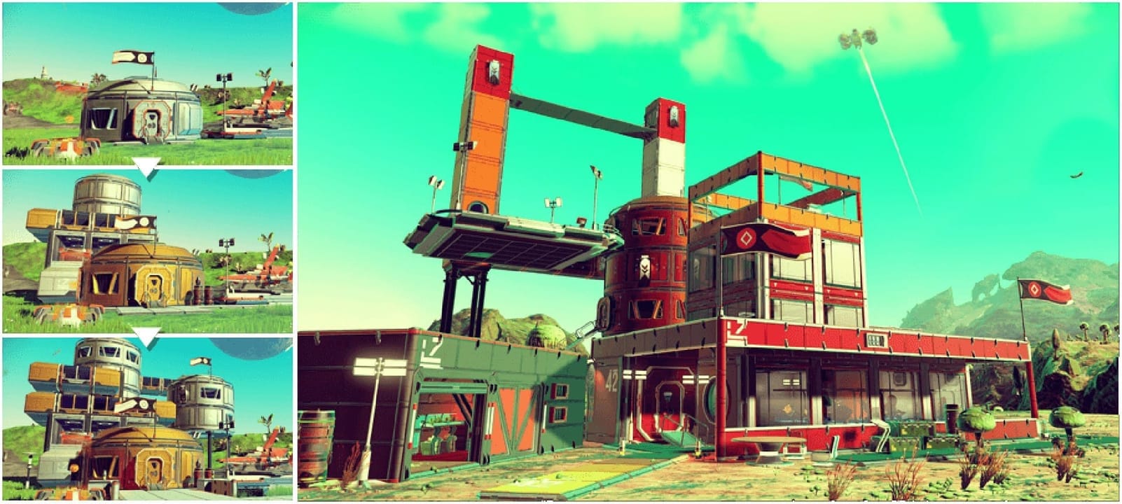 This is an example of how base building in No Man's Sky will work in the Foundation Update. It seems pretty likely that you'll be restricted to building on pre-existing uninhabited bases, but there also seems to be a lot of opportunity for customization.
