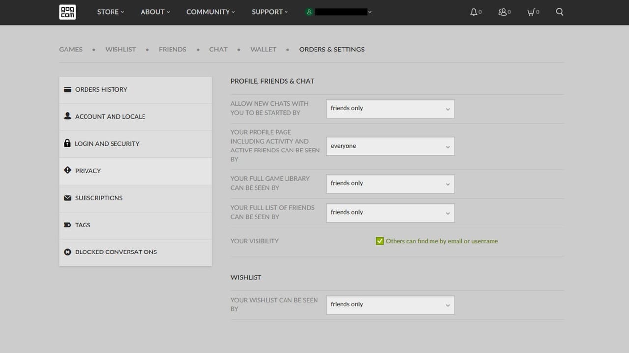 gog orders settings new profile options
