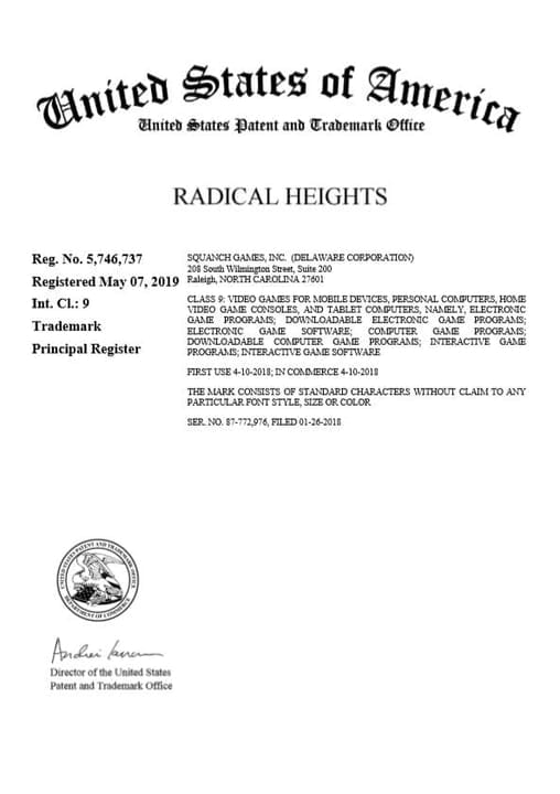 Radical Heights Trademark Acquired by Squanch Games Document