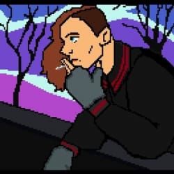 A pixel art rendition of the author, utilizing pixel-art and a purple palette.