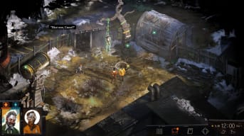 Two characters examine a corpse in Disco Elysium