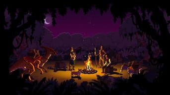 A campfire scene in Curious Expedition 2