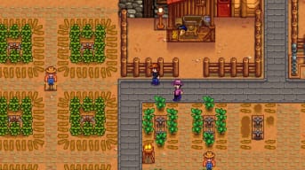 Stardew Valley screenshot showing two friends on road in a large dry-looking piece of farmland. 