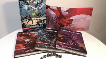 photo showing several dungeons and dragons books sitting on a clean white table. 